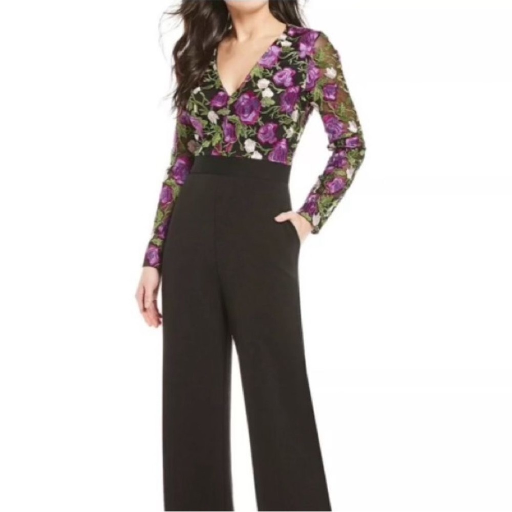 Badgley Mischka Floral V-Neck Jumpsuit - Black and Purple